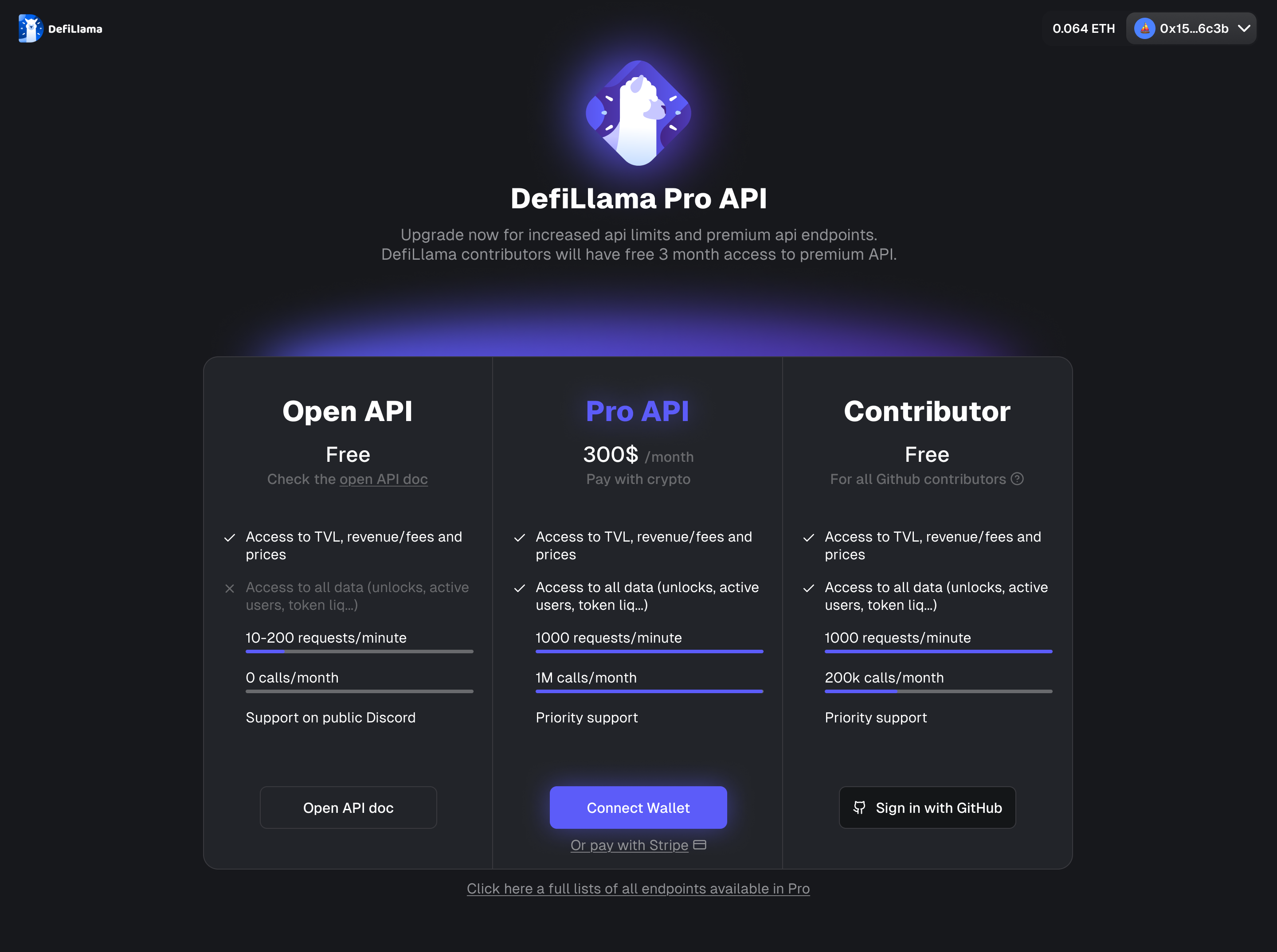 DefiLlama Pro API Page