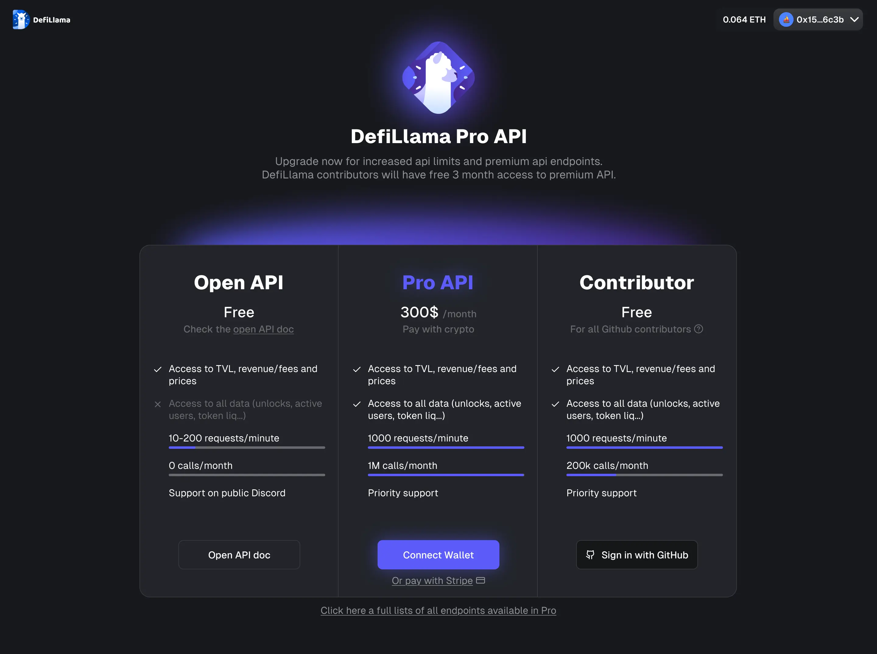 DefiLlama Pro API Page