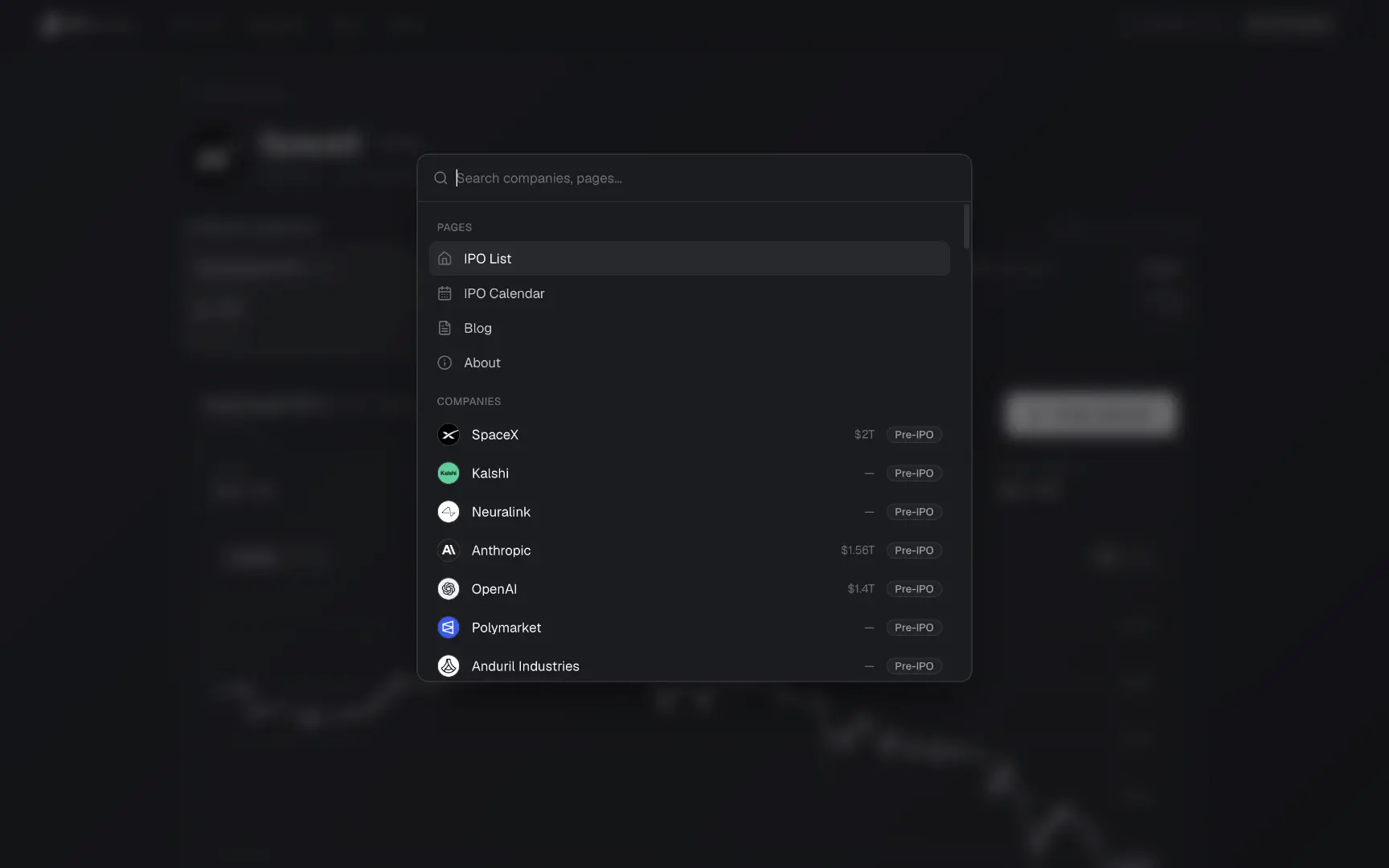 IPO Tracker search modal