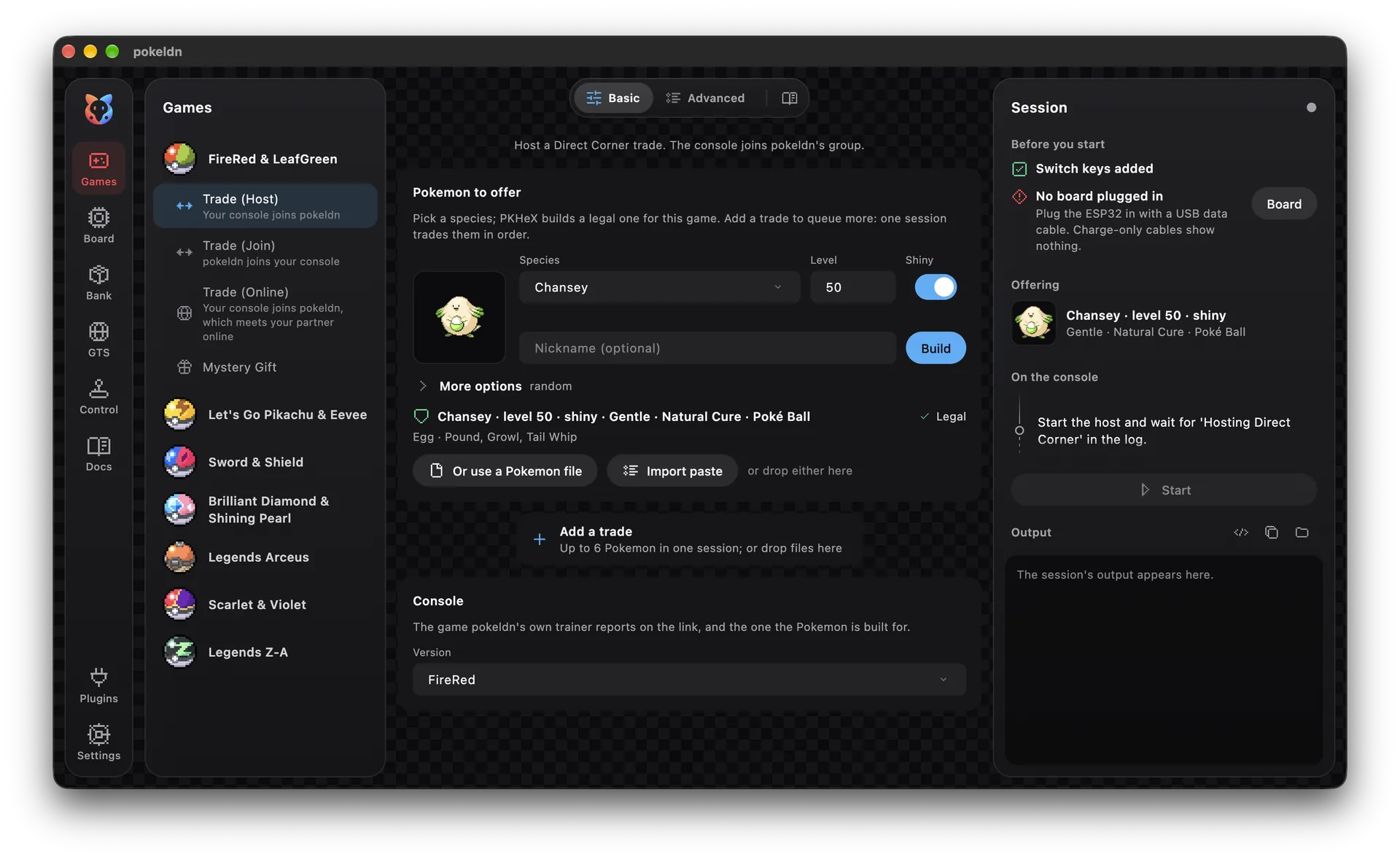 PokeLDN desktop app offering a shiny Chansey for a FireRed trade